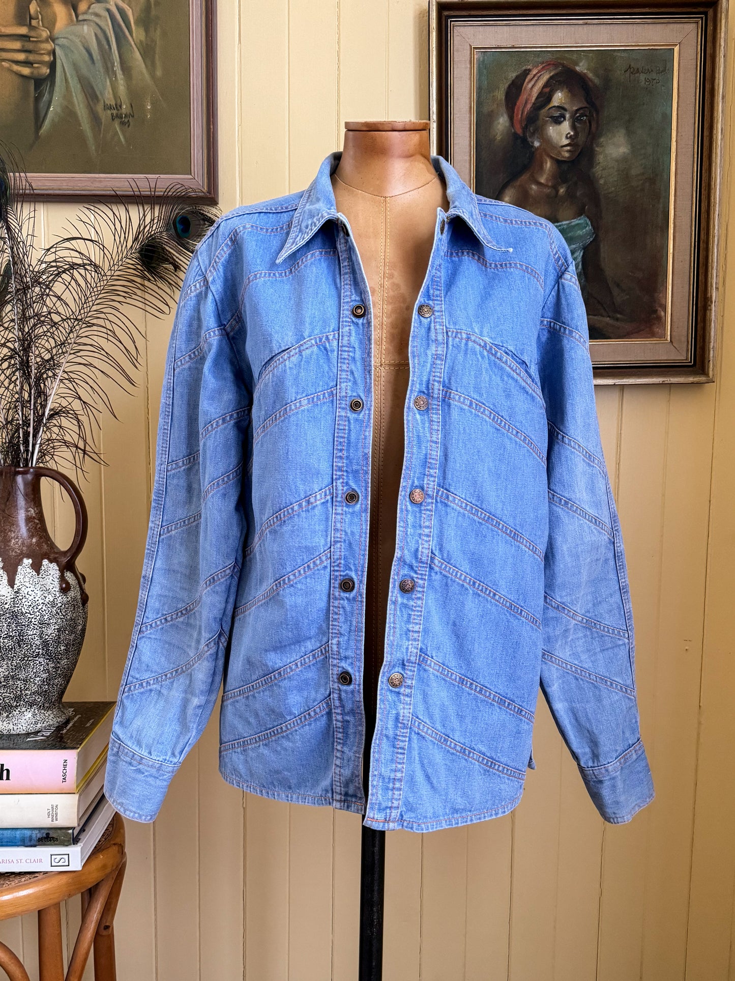 VINTAGE 1970S FADED GLORY COTTON DENIM CHEVRON SHIRT JACKET S/M