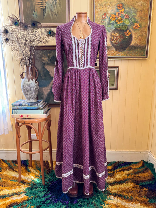 VINTAGE 1970S GUNNE SAX COTTON FLORAL PRINT LACE PRAIRIE MAXI DRESS S/M