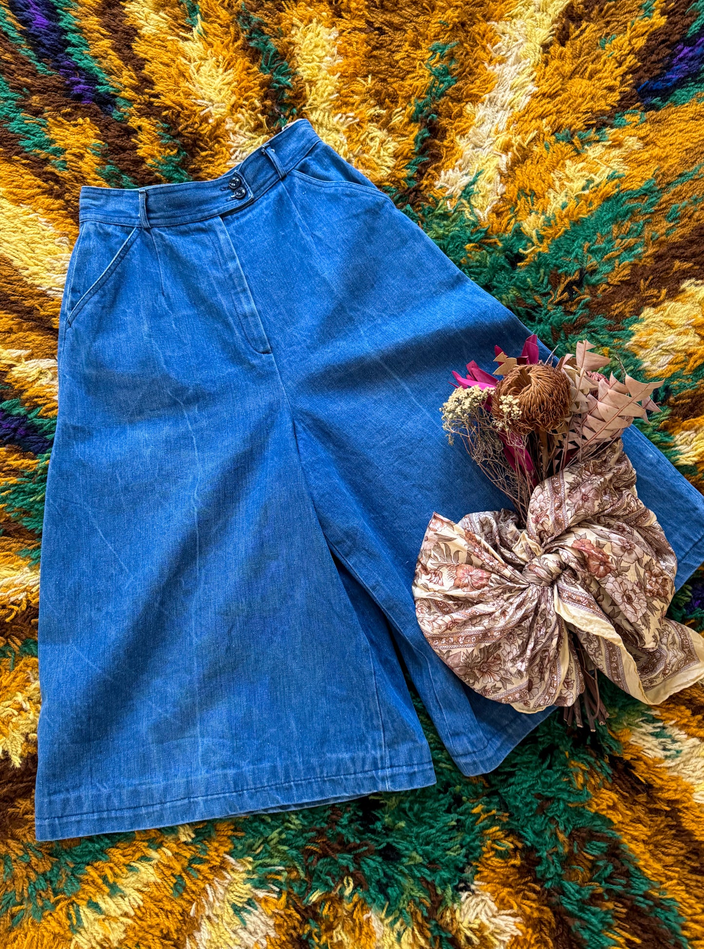 VINTAGE 1970S C&A COTTON DENIM SUPER HIGH WAIST WIDE LEG CULOTTES XS/S