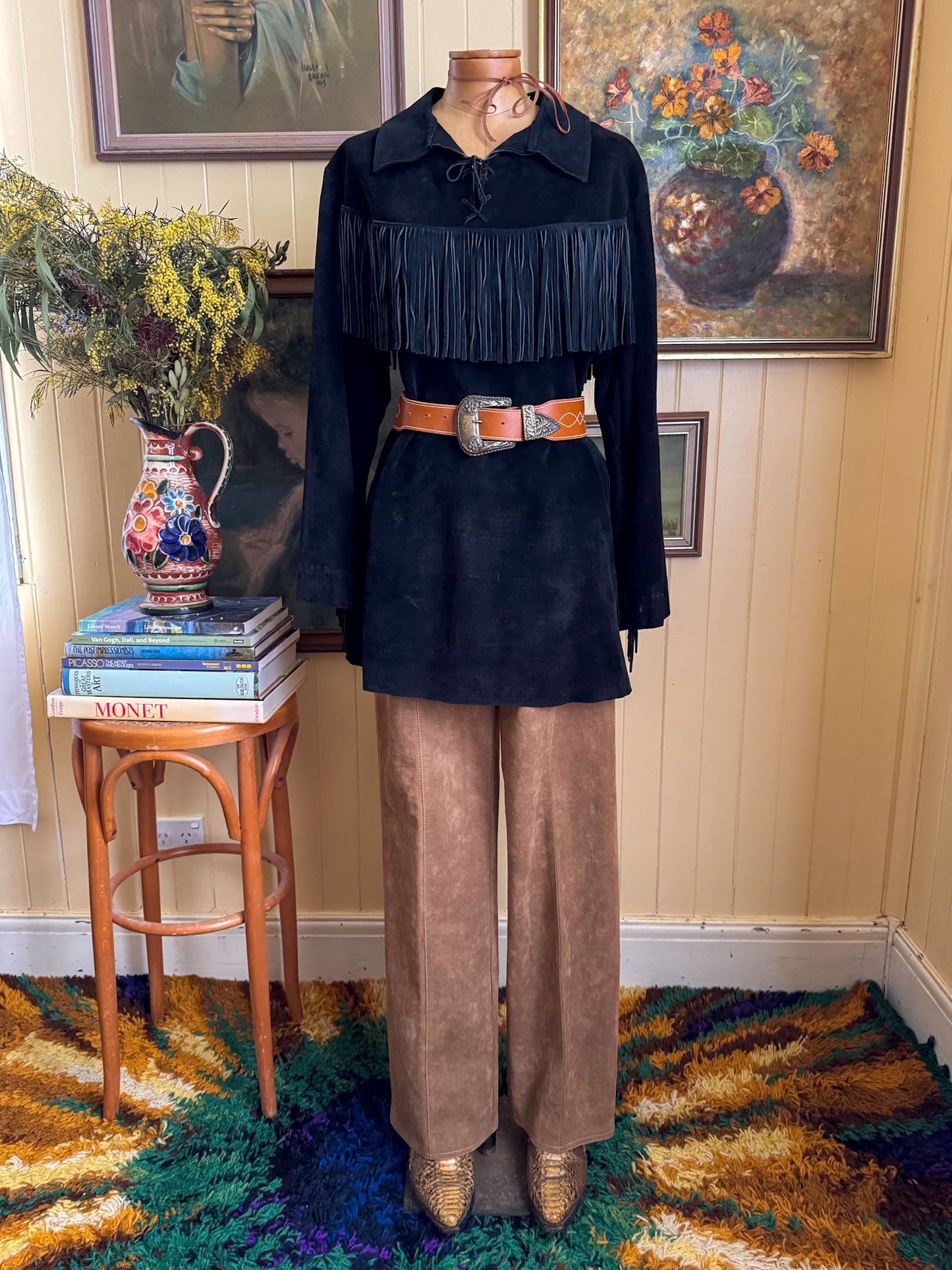 VINTAGE 1970S TULLO FAUX SUEDE HIGH WAISTED FLARED PANTS S