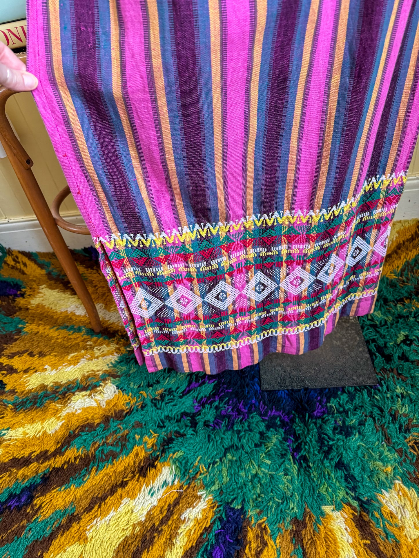 VINTAGE COTTON HANDWOVEN GUATEMALAN STRIPED EMBROIDERED MAXI DRESS M