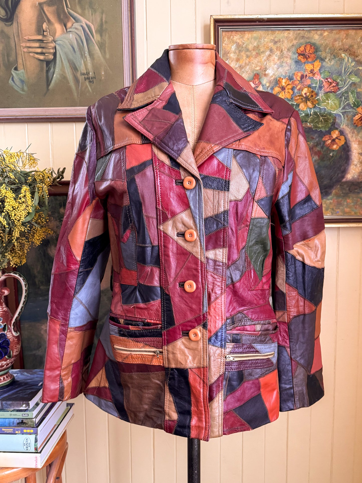 VINTAGE 1970S KOREAN PATCHWORK LEATHER BLAZER JACKET S/M