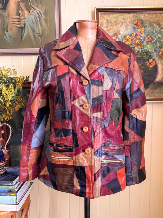 VINTAGE 1970S KOREAN PATCHWORK LEATHER BLAZER JACKET S/M