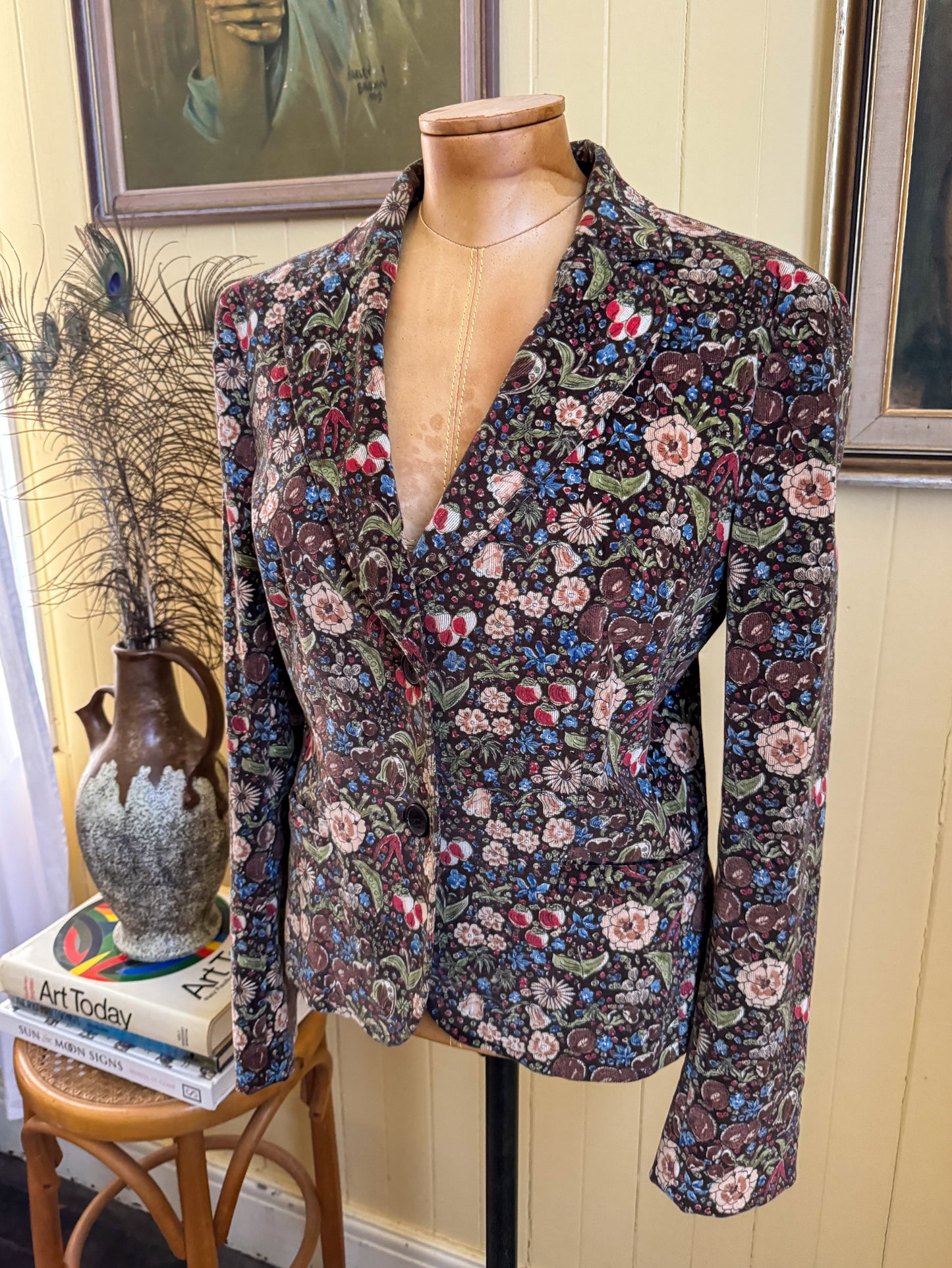 VINTAGE 1990S MOSCHINO CHEAP AND CHIC FLORAL PRINT CORDUROY BLAZER JACKET S/M