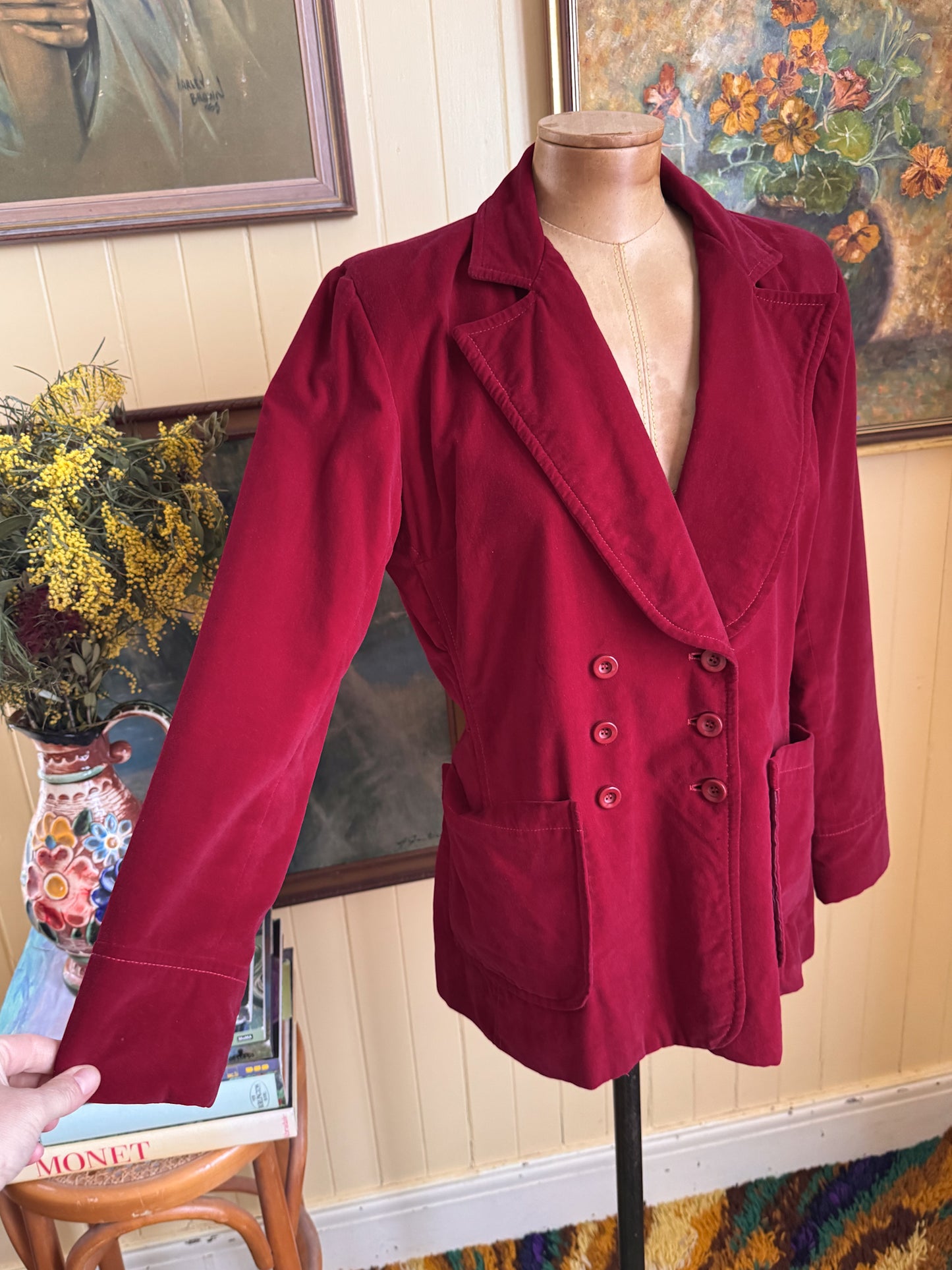 VINTAGE 1970S PEPPERS BURGUNDY VELVET BLAZER JACKET M