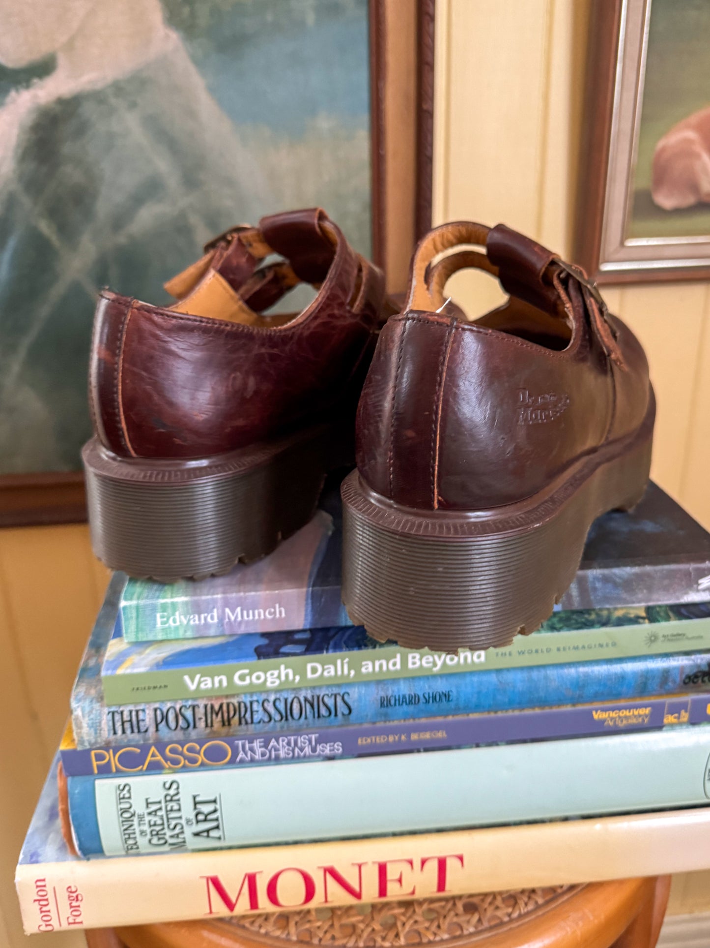 VINTAGE 1990S RARE DR DOC MARTENS DOUBLE STRAP CHESTNUT BROWN LEATHER HEELED MARY JANES 9.5/40.5