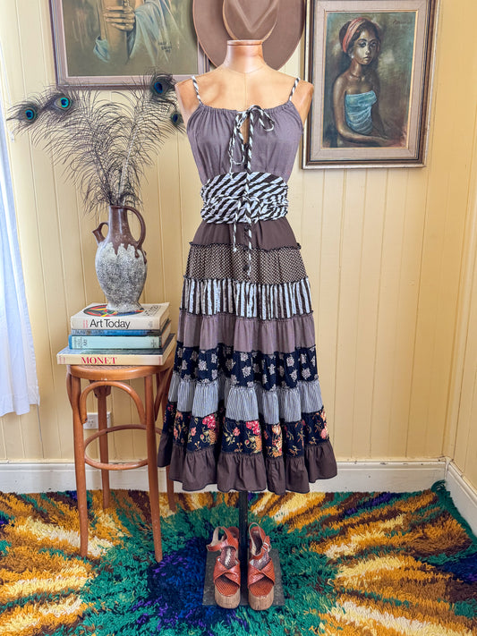 VINTAGE 1970S PRUE ACTON COTTON PATCHWORK TIERED MIDI SUN DRESS S