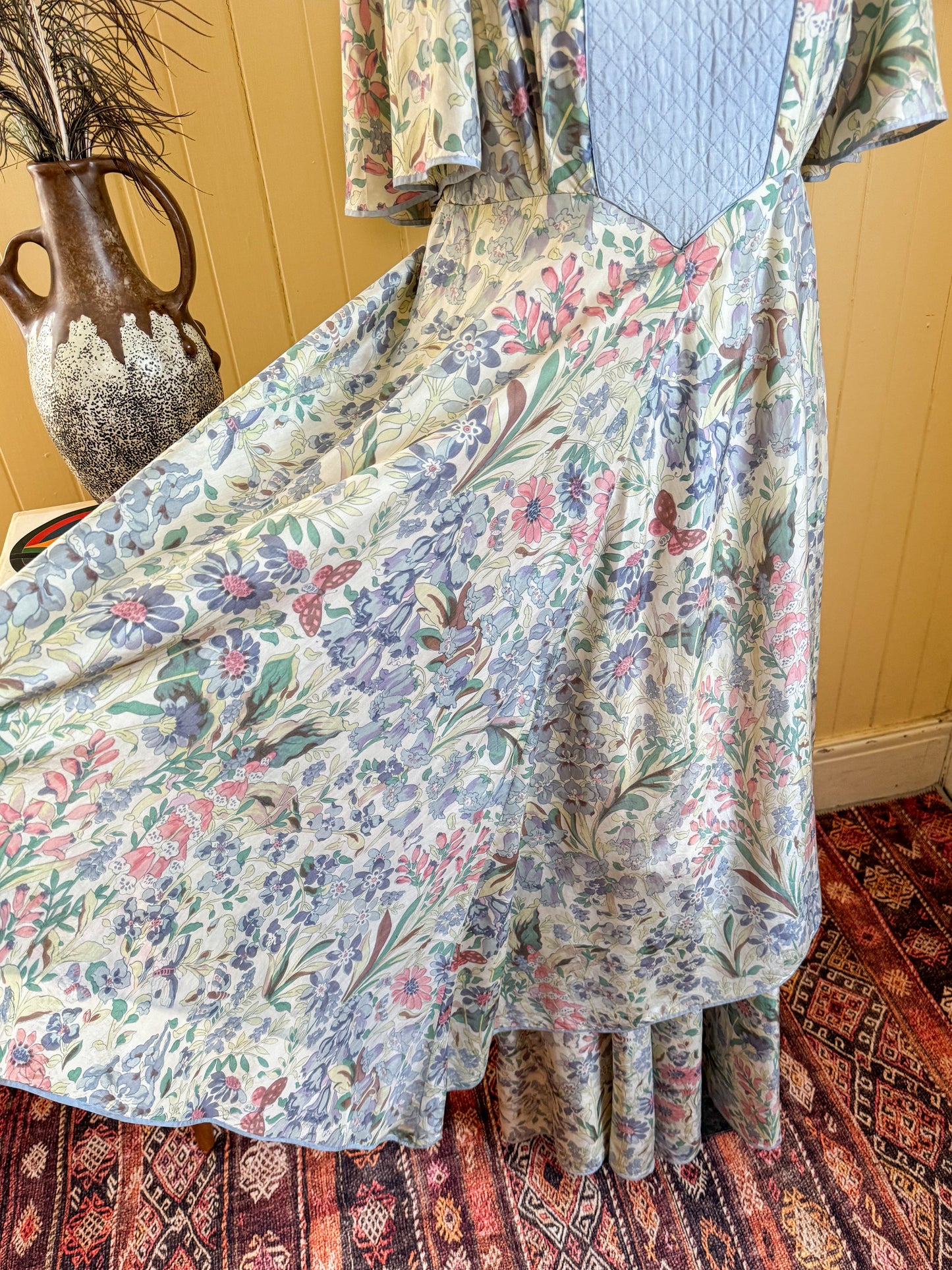 VINTAGE 1970S RARE ENGLISH ANNA BELINDA OXFORD SILK FLORAL MAXI PRAIRIE DRESS S/M