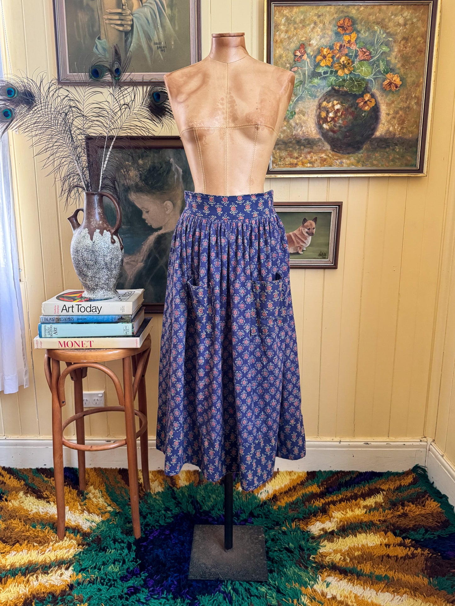 VINTAGE 1970S INDIAN COTTON BLOCK PRINT POCKET MIDI PEASANT SKIRT S