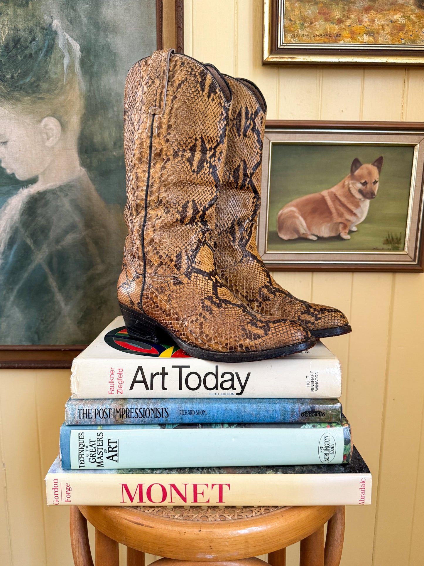 VINTAGE RARE EXOTIC PYTHON SNAKESKIN LEATHER WESTERN BOOTS 9/40