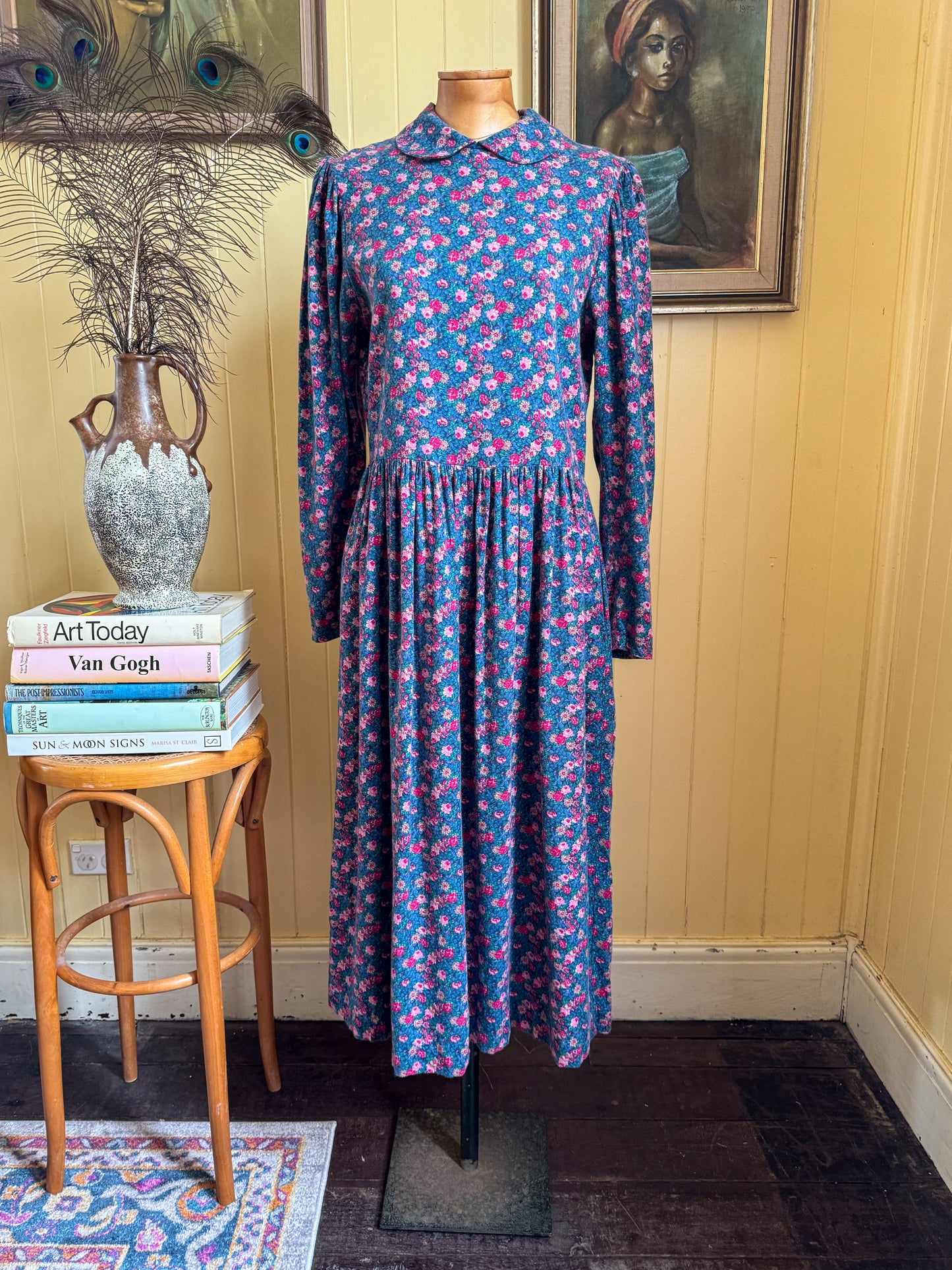 VINTAGE 1980S LAURA ASHLEY COTTON/WOOL COLLARED PRAIRIE DRESS S/M