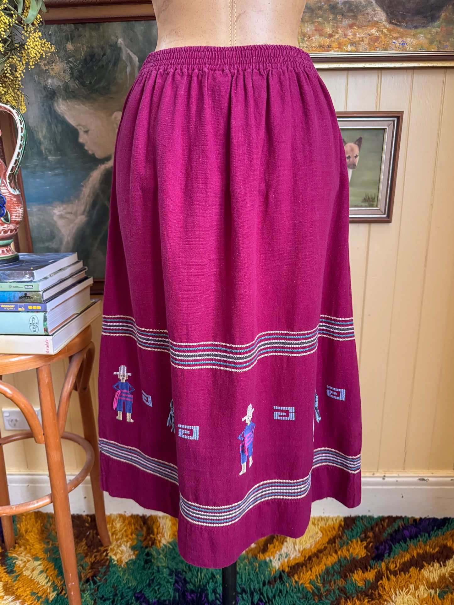 VINTAGE 1980S FERNANDOS GUATEMALAN HAND WOVEN COTTON EMBROIDERED SKIRT S/M