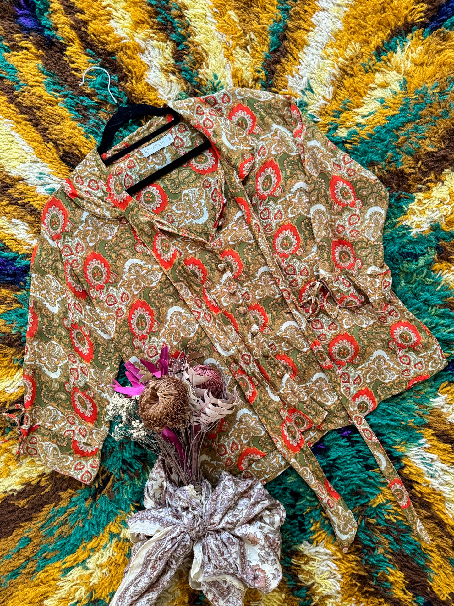 PRELOVED GOLDEN BROWN THE LABEL PAISLEY SILK BUTTON THROUGH BLOUSE M