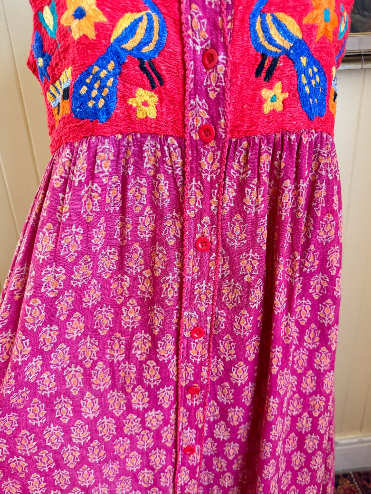 VINTAGE 1970S ANARKALI INDIAN COTTON EMBROIDERED MIDI SUNDRESS S