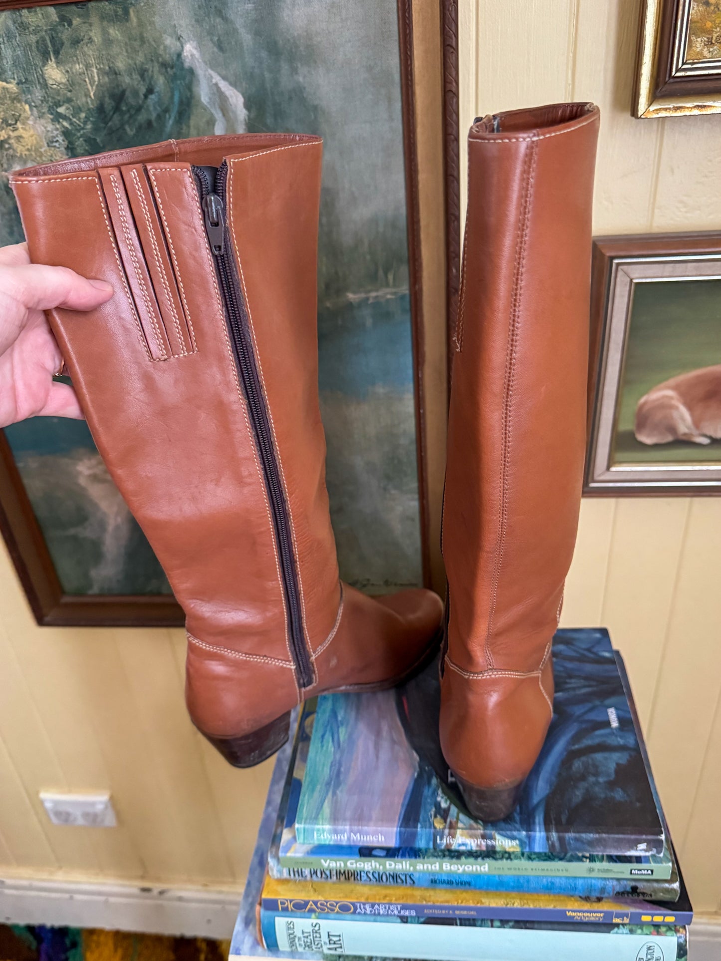 VINTAGE 1970S BRAZILIAN CARAMEL TAN LEATHER KNEE HIGH BOOTS 9/40