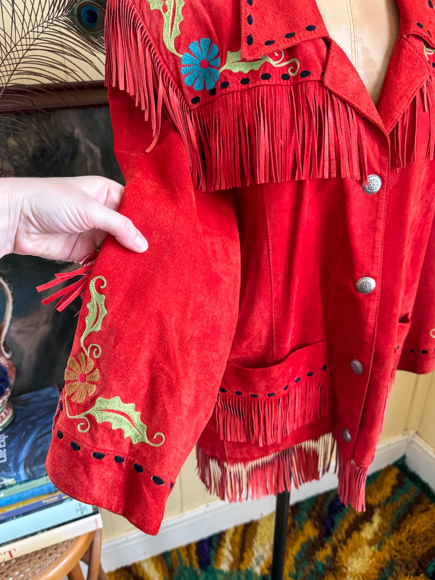 VINTAGE RARE CHAR SANTA FE RED SUEDE FRINGED EMBROIDERED WESTERN JACKET M