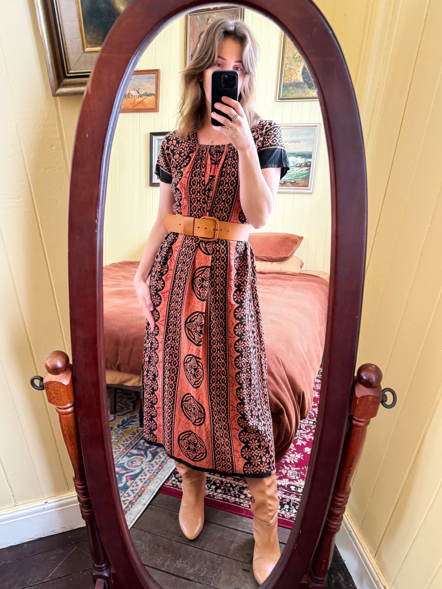 VINTAGE 1980S COTTON BATIK PRINT MAXI SMOCK DRESS M