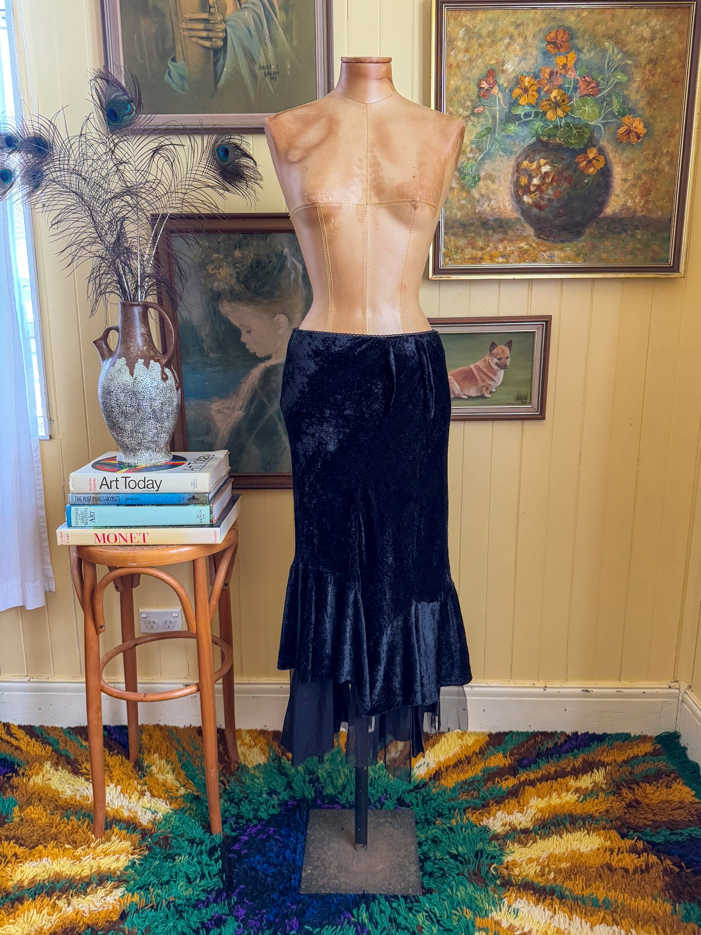 VINTAGE 1990S PEACE ANGEL INDIAN COTTON VELVET HANKY HEM MIDI SKIRT M