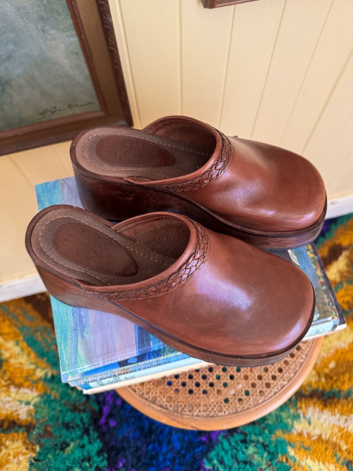 VINTAGE 1990S THE KICK LEATHER WOODEN PLATFORM CLOGS WEDGES 9.5/40.5