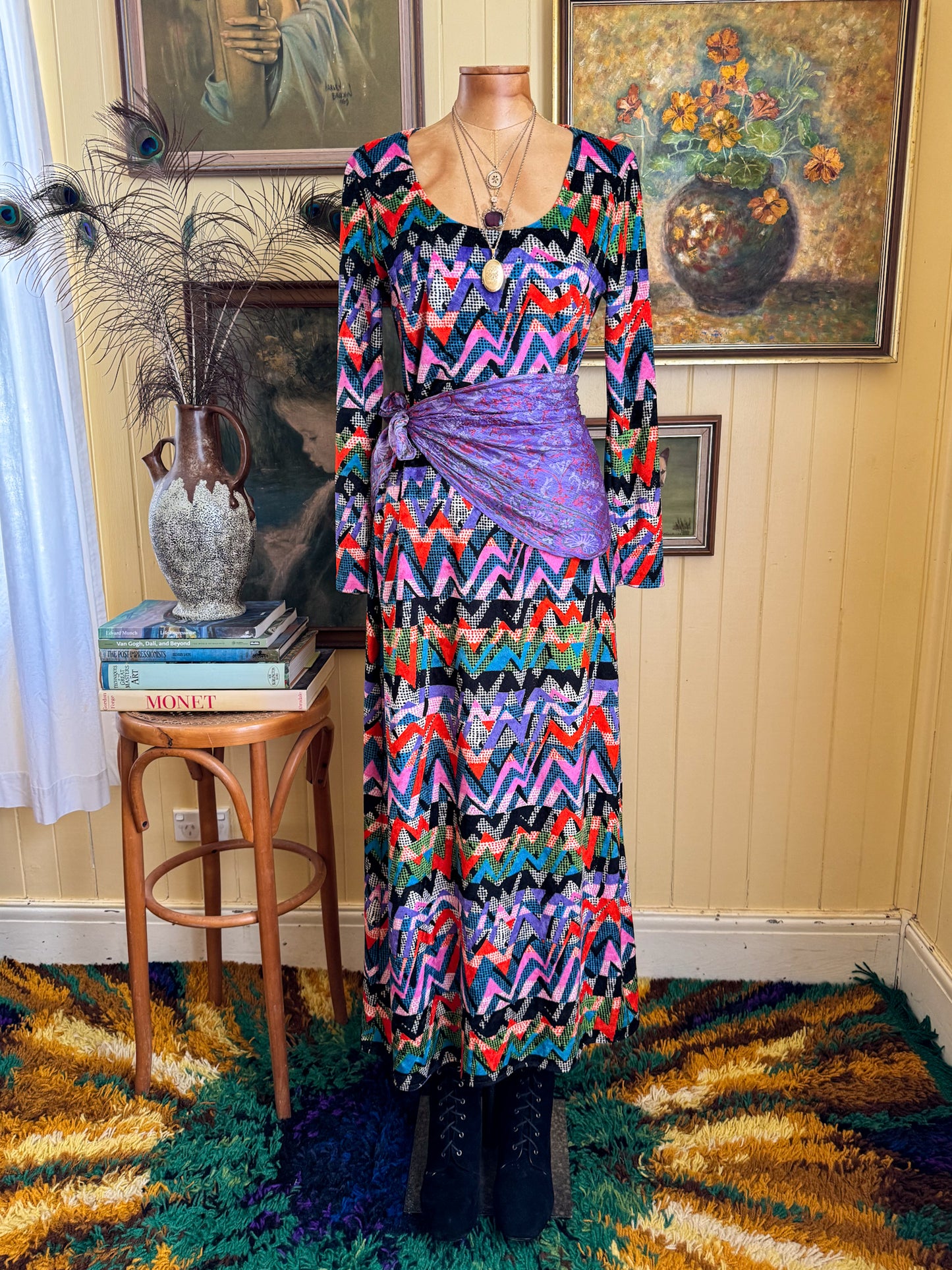 VINTAGE 1990S MAGLIA VELVET RAINBOW CHEVRON MAXI DRESS M/L