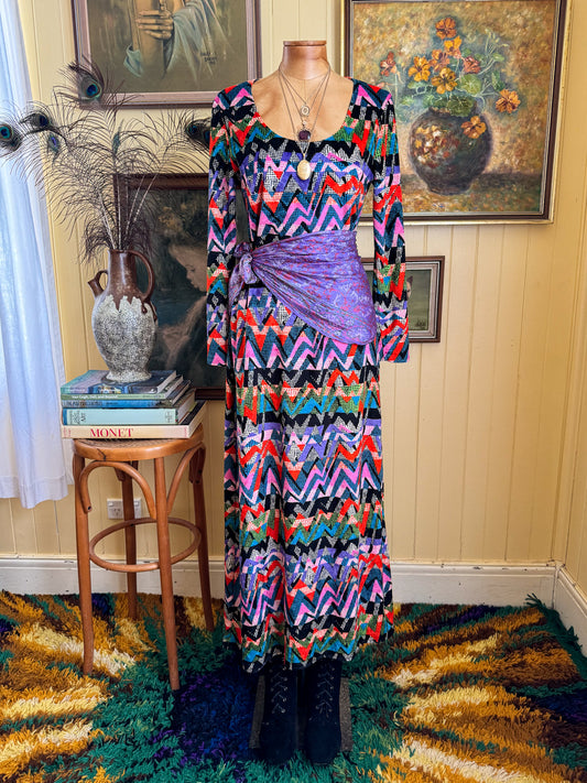 VINTAGE 1990S MAGLIA VELVET RAINBOW CHEVRON MAXI DRESS M/L