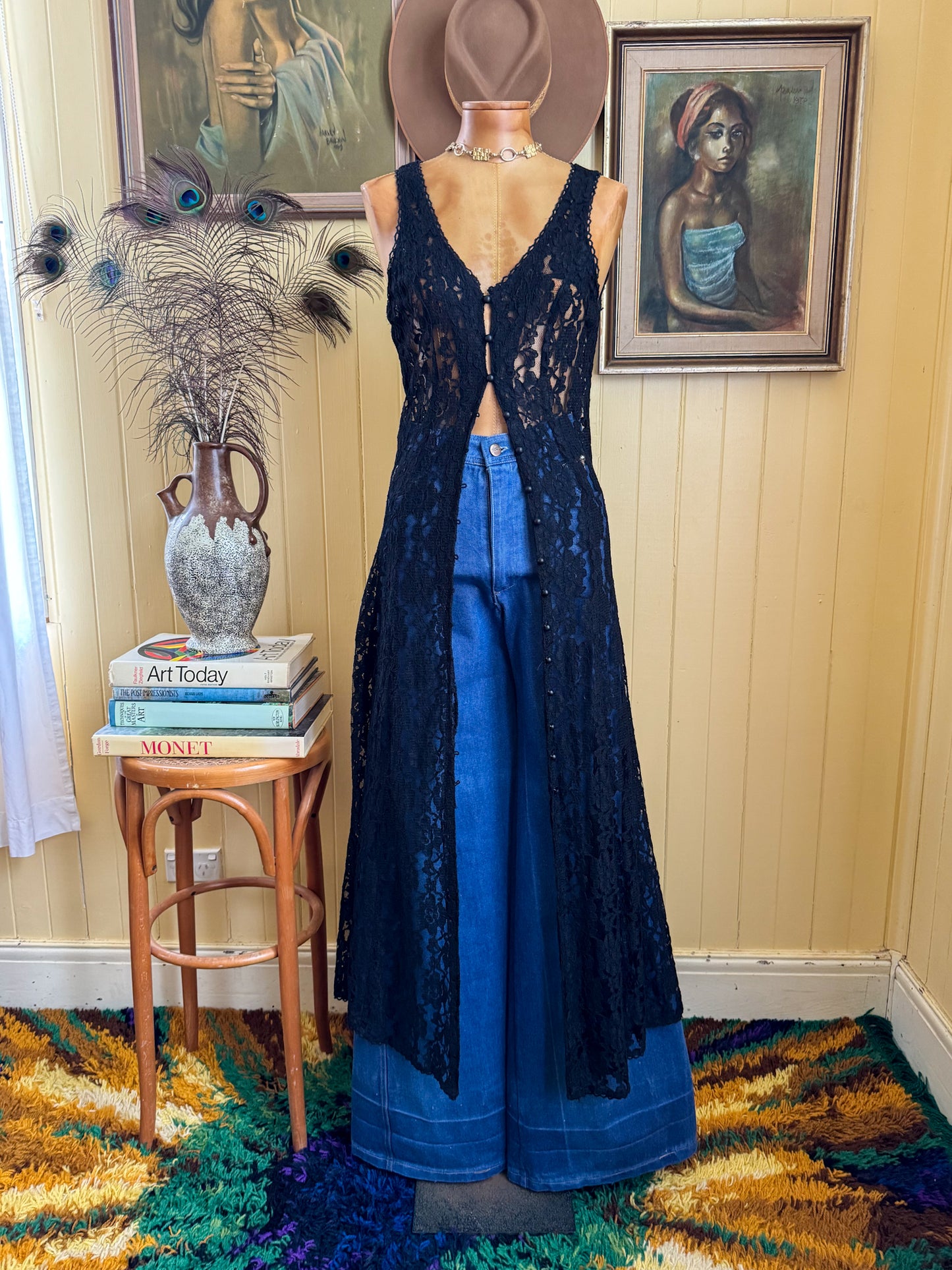 VINTAGE 1990S BLACK LACE SLEEVELESS MAXI DUSTER DRESS XS/S