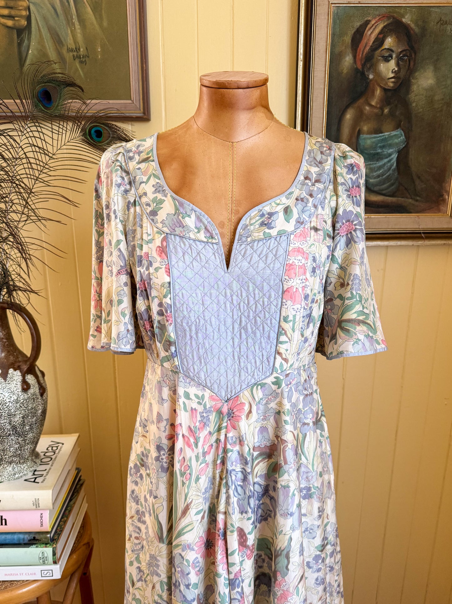 VINTAGE 1970S RARE ENGLISH ANNA BELINDA OXFORD SILK FLORAL MAXI PRAIRIE DRESS S/M