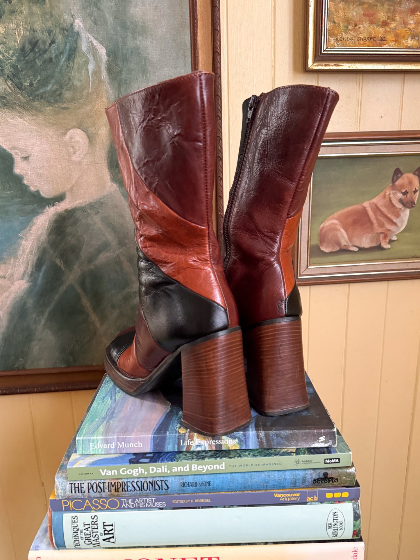 VINTAGE 1990S PATCHWORK LEATHER PLATFORM BLOCK HEELED BOOTS 8.5/39