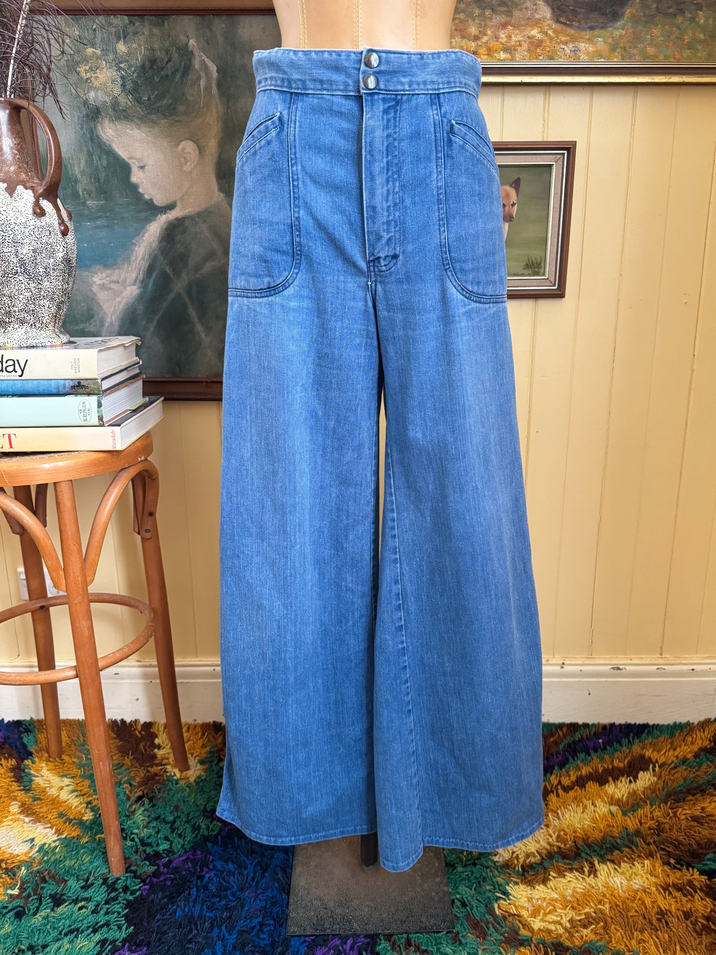 VINTAGE 1970S STATUS WIDE LEG HIGH WAIST DENIM JEANS S/M