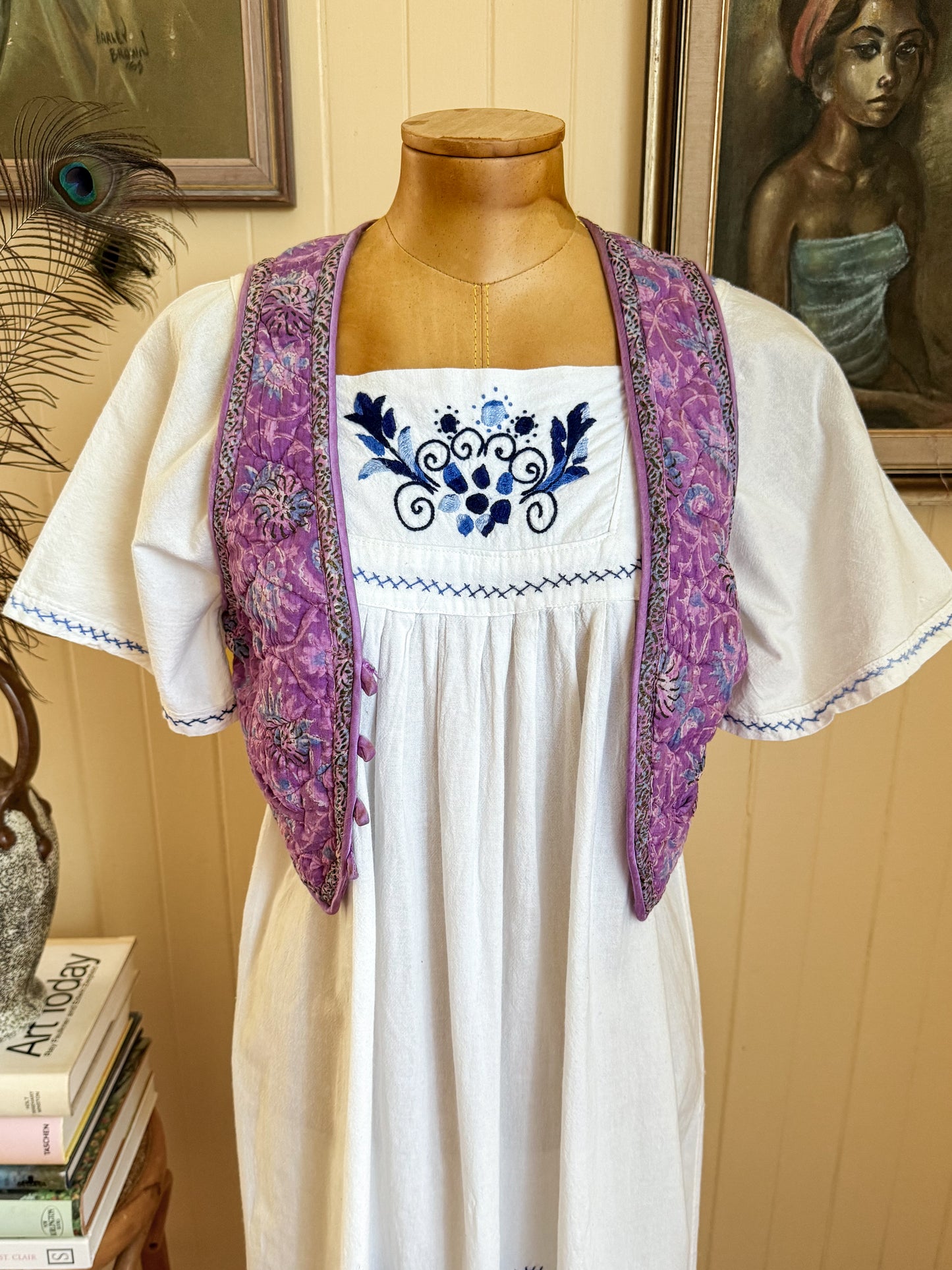 VINTAGE 1980S COTTON EMBROIDERED MIDI PEASANT DRESS M