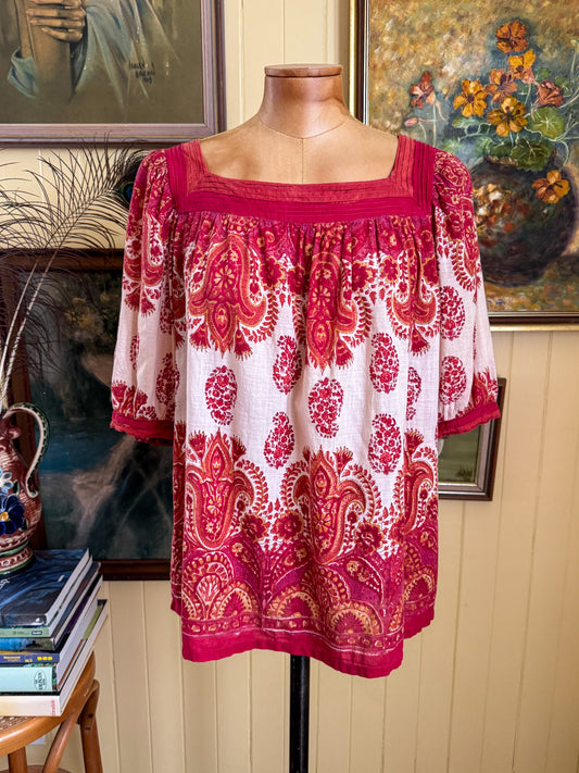 VINTAGE 1970S ANOKHI INDIAN COTTON PAISLEY PRINT PEASANT BLOUSE M