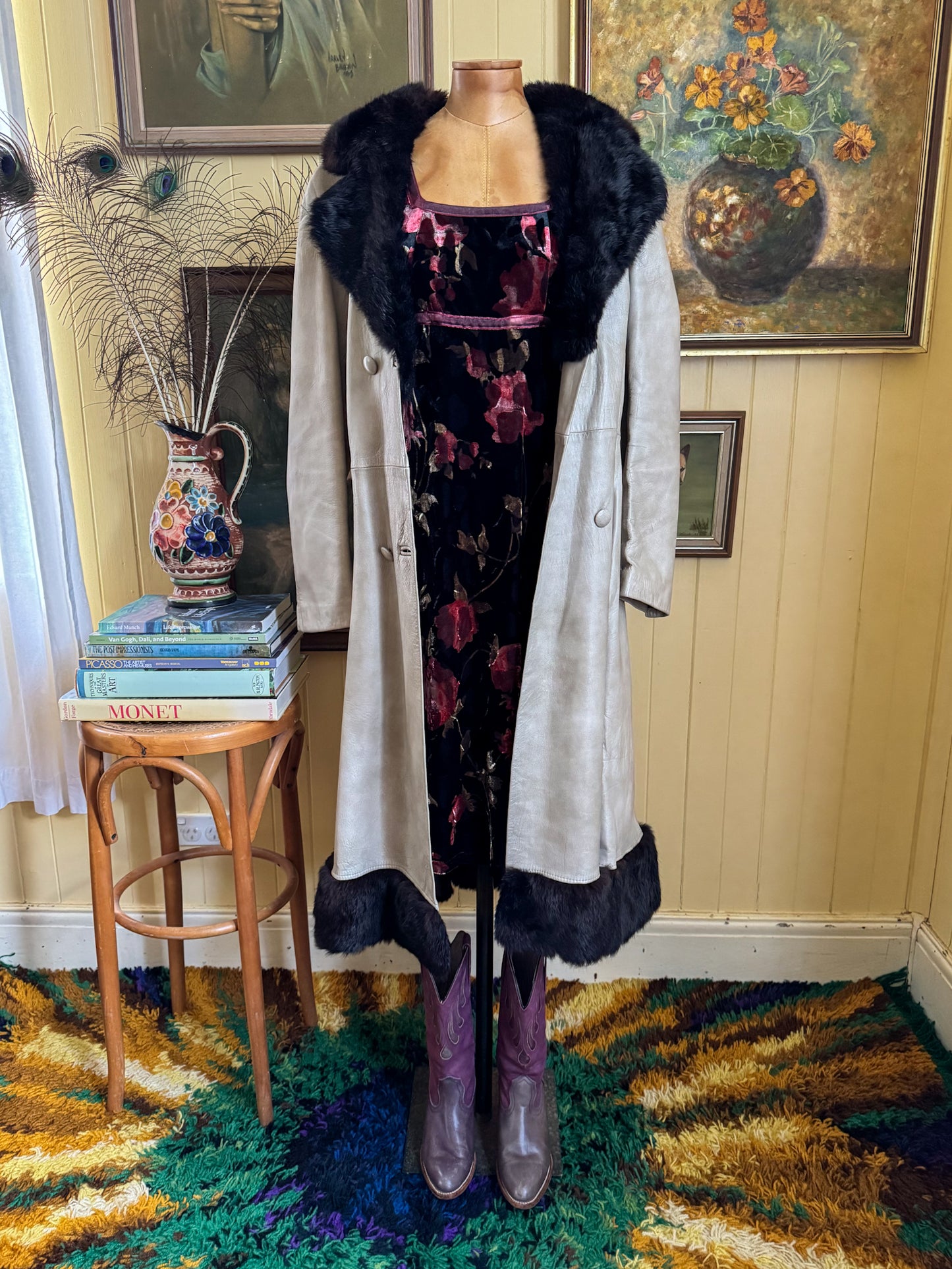 VINTAGE 1970S STEPHEN DATTNER LEATHER FUR TRIM PENNY LANE LONG COAT M/L