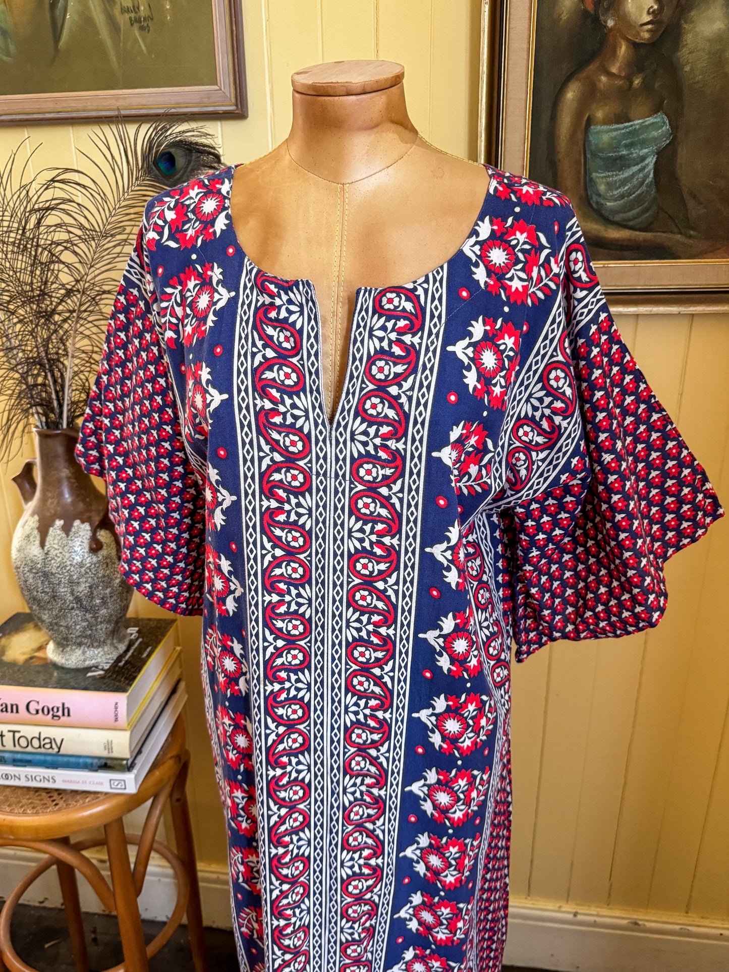 VINTAGE 1980S PAKISTANI COTTON BLOCK PRINT KIMONO SLEEVE MAXI DRESS L