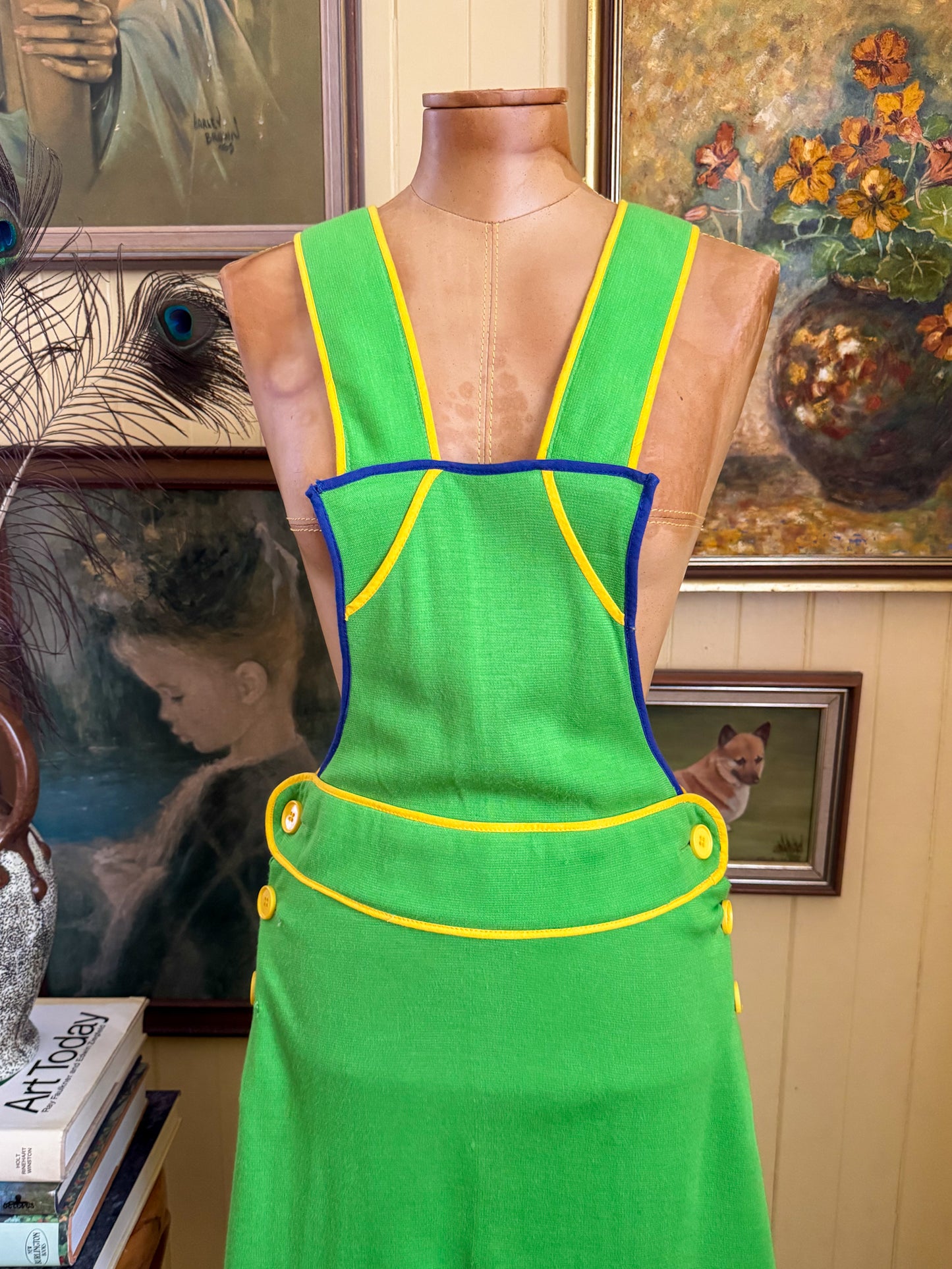 VINTAGE 1970S DARLING OF MELBOURNE ACRYLIC LIME GREEN PINAFORE MAXI DRESS S
