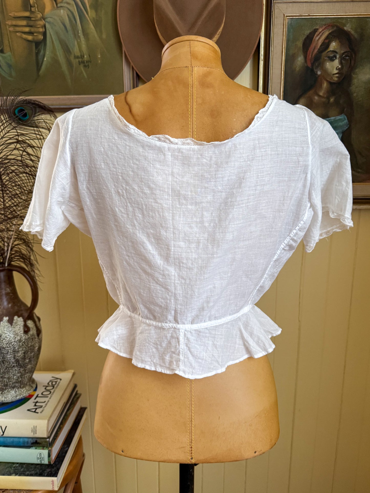 ANTIQUE EDWARDIAN FRENCH COTTON MUSLIN RIBBON CHEMISE BLOUSE S