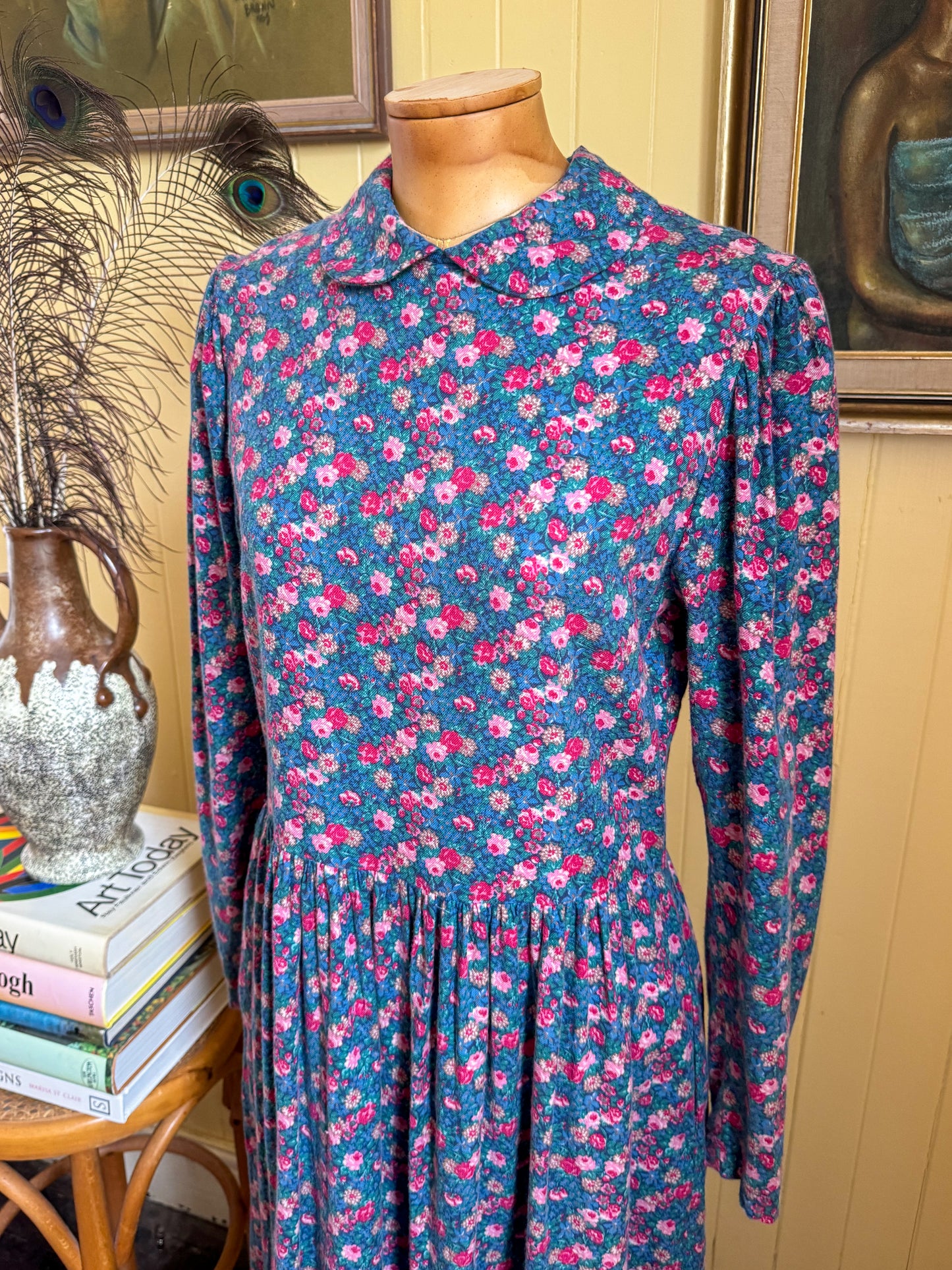 VINTAGE 1980S LAURA ASHLEY COTTON/WOOL COLLARED PRAIRIE DRESS S/M