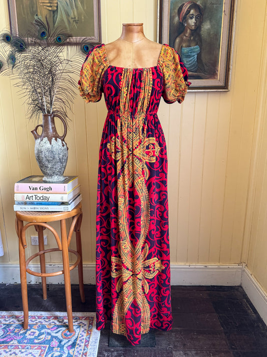 VINTAGE 1970S MR JOE PAKISTANI COTTON BLOCK PRINT MAXI DRESS S/M