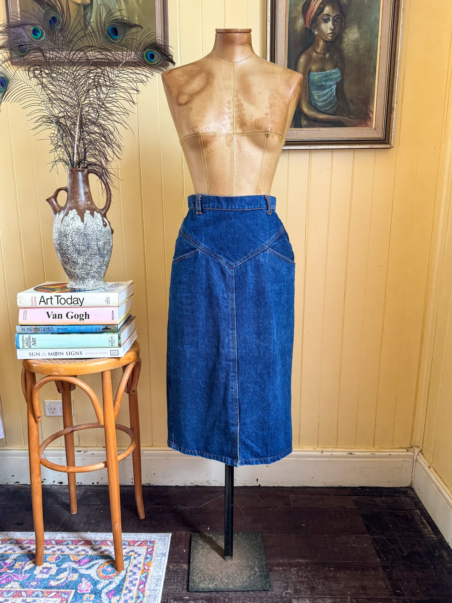 VINTAGE 1980S TRICK SHOT COTTON DENIM MIDI PENCIL SKIRT S