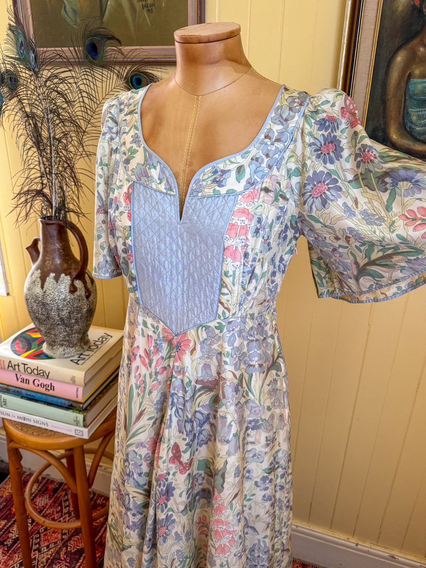 VINTAGE 1970S RARE ENGLISH ANNA BELINDA OXFORD SILK FLORAL MAXI PRAIRIE DRESS S/M