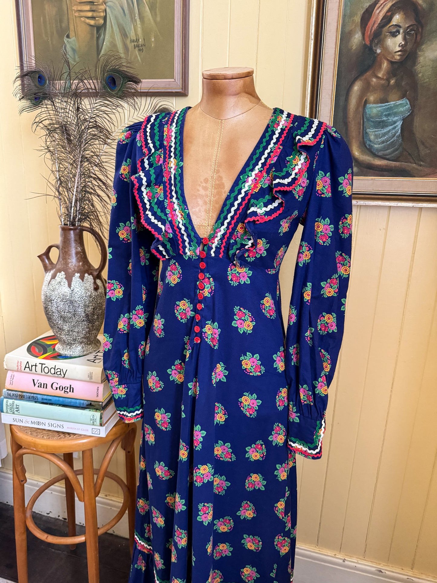 VINTAGE 1970S SALLY BROWNE COTTON FLORAL MAXI PRAIRIE DRESS XS