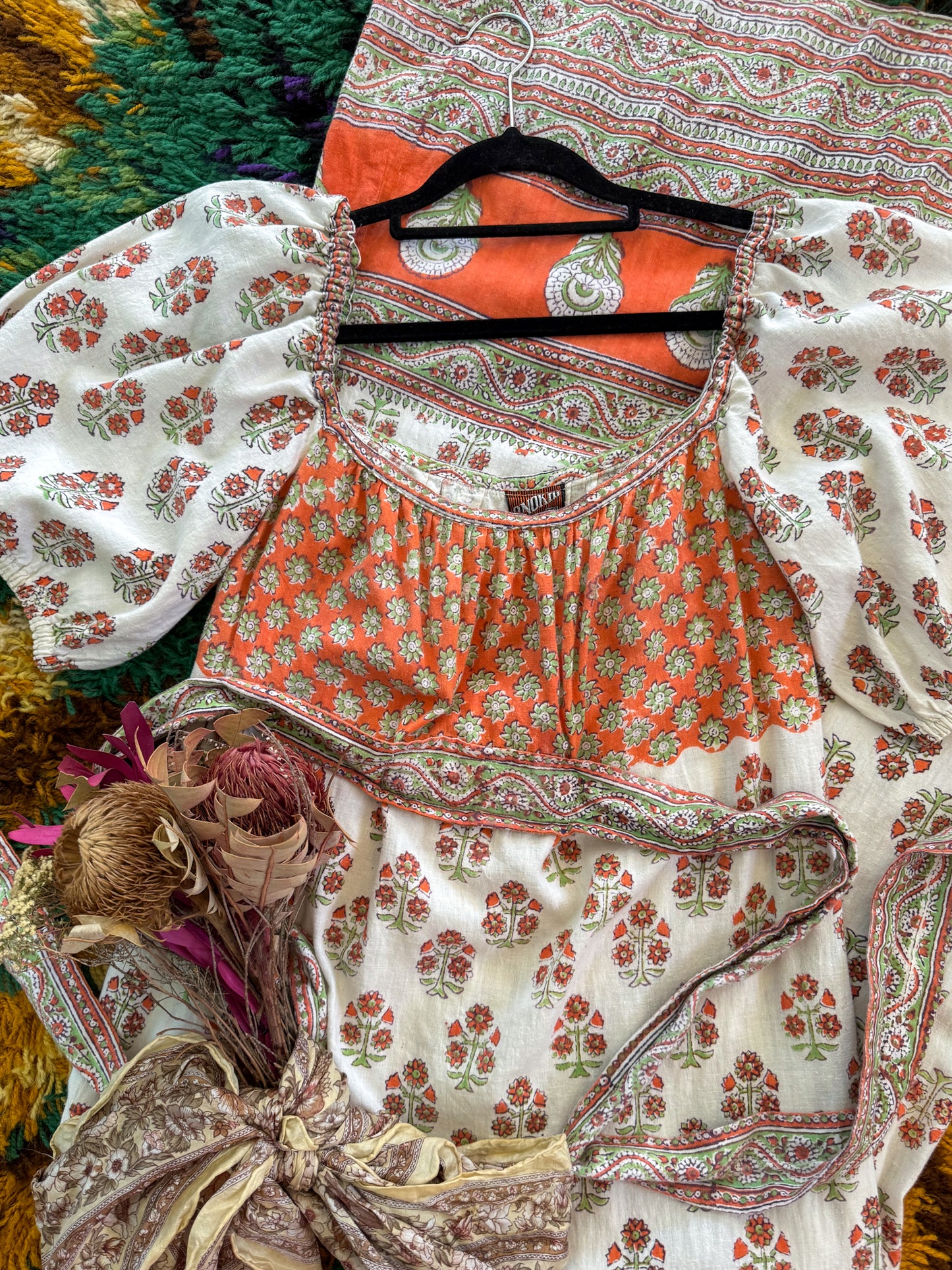 VINTAGE 1970S ANOKHI INDIAN COTTON BLOCK PRINT MAXI DRESS M/L