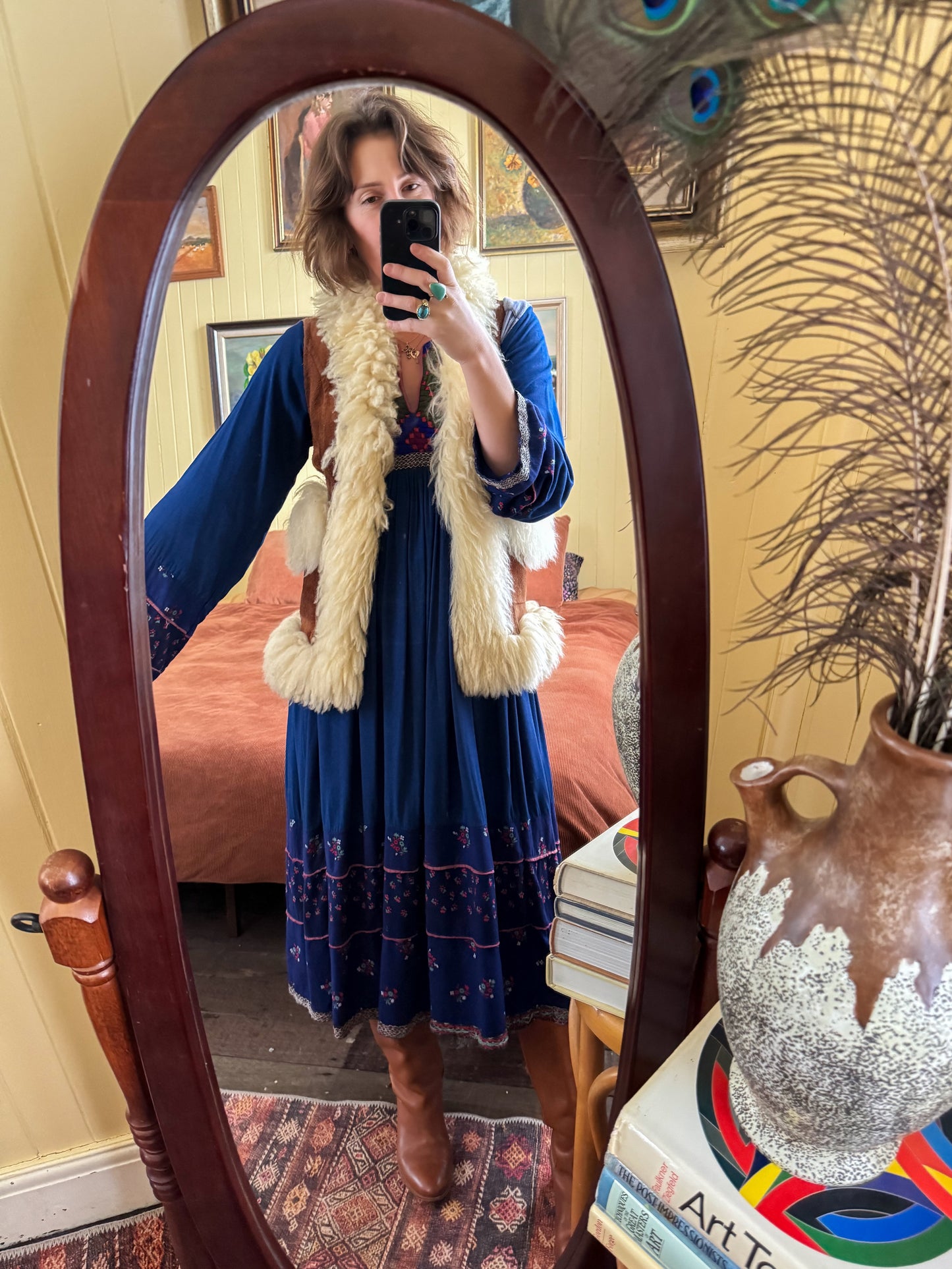 VINTAGE 1970S AFGHANI EMBROIDERED PATCHWORK MIDI FOLK DRESS M