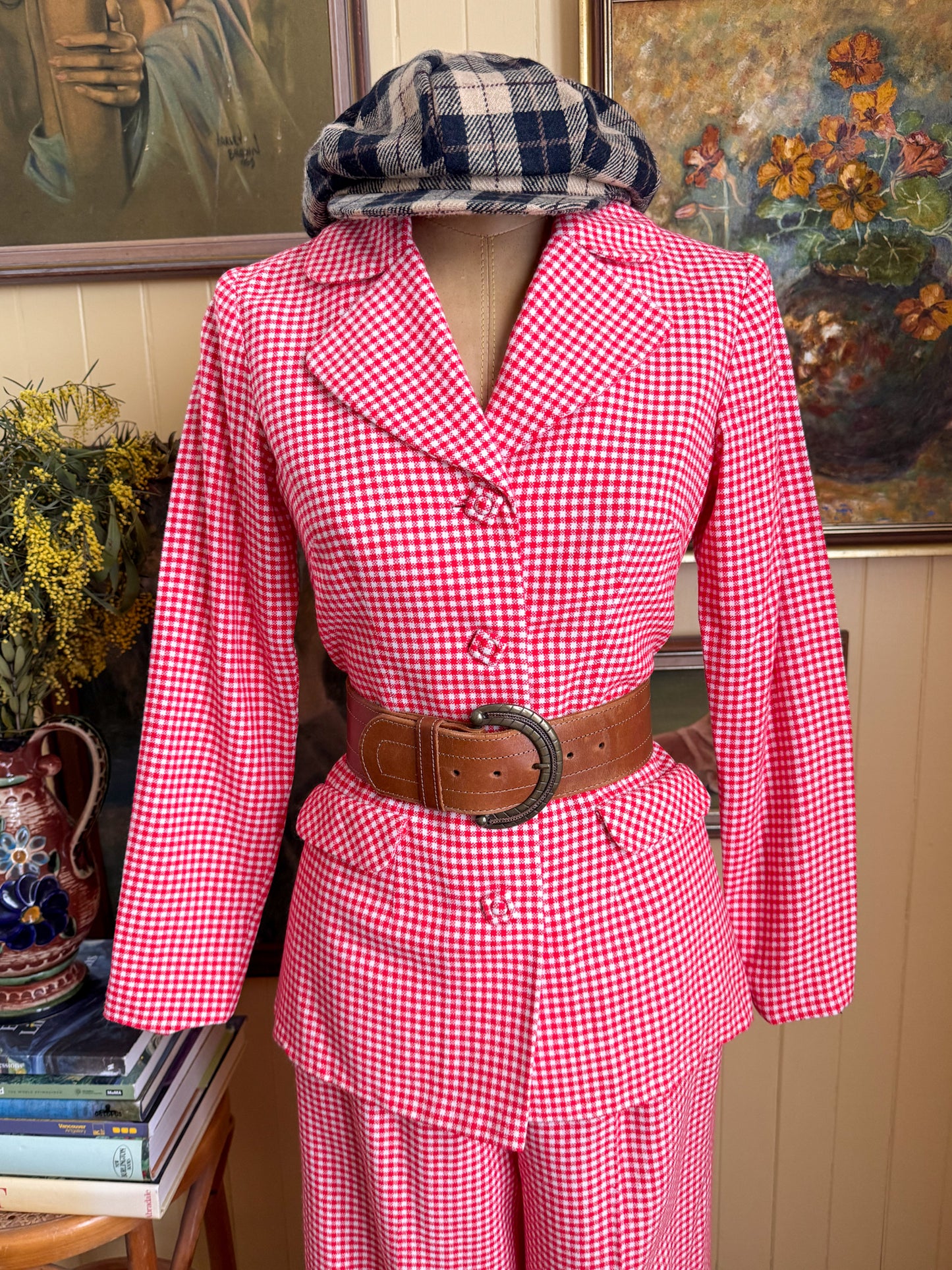 VINTAGE 1970S HANDMADE ACRYLIC RED AND WHITE GINGHAM JACKET AND PANT SUIT SET XS/S