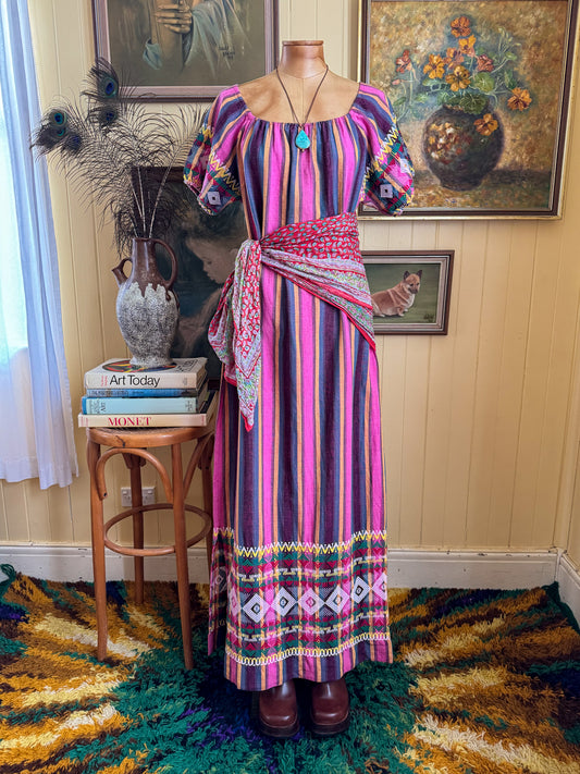 VINTAGE COTTON HANDWOVEN GUATEMALAN STRIPED EMBROIDERED MAXI DRESS M