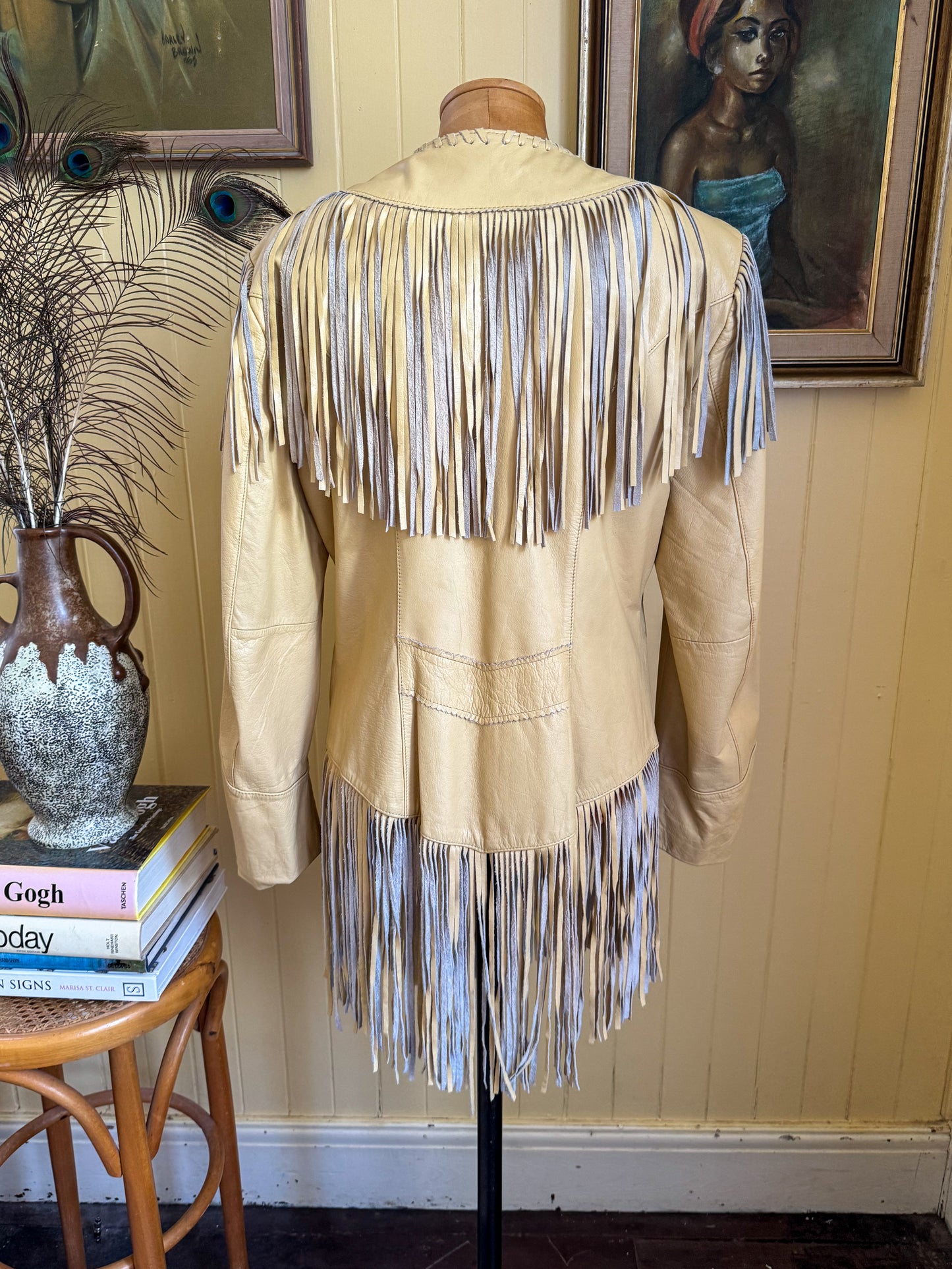 VINTAGE 1980S PIONEER WEAR LEATHER FRINGED WESTERN JACKET S/M