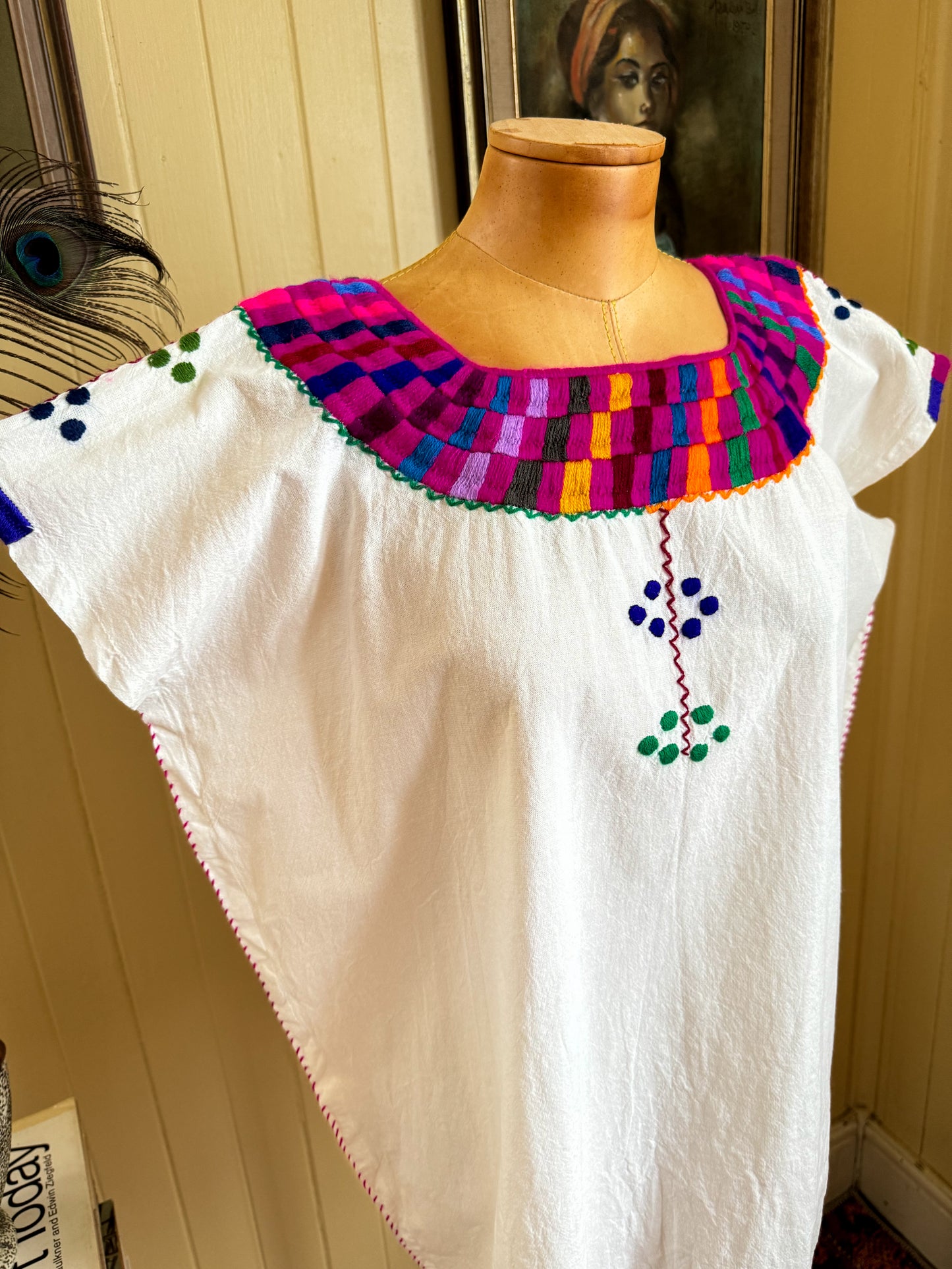 VINTAGE 1990S MEXICAN COTTON EMBROIDERED HUIPIL TOP L/XL/XXL