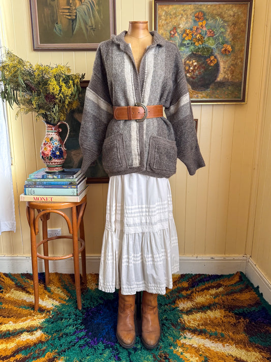 VINTAGE 1980S NEW ZEALAND ESTHER SHERRIFF WOOL CROCHET KNIT CARDIGAN JACKET M/L