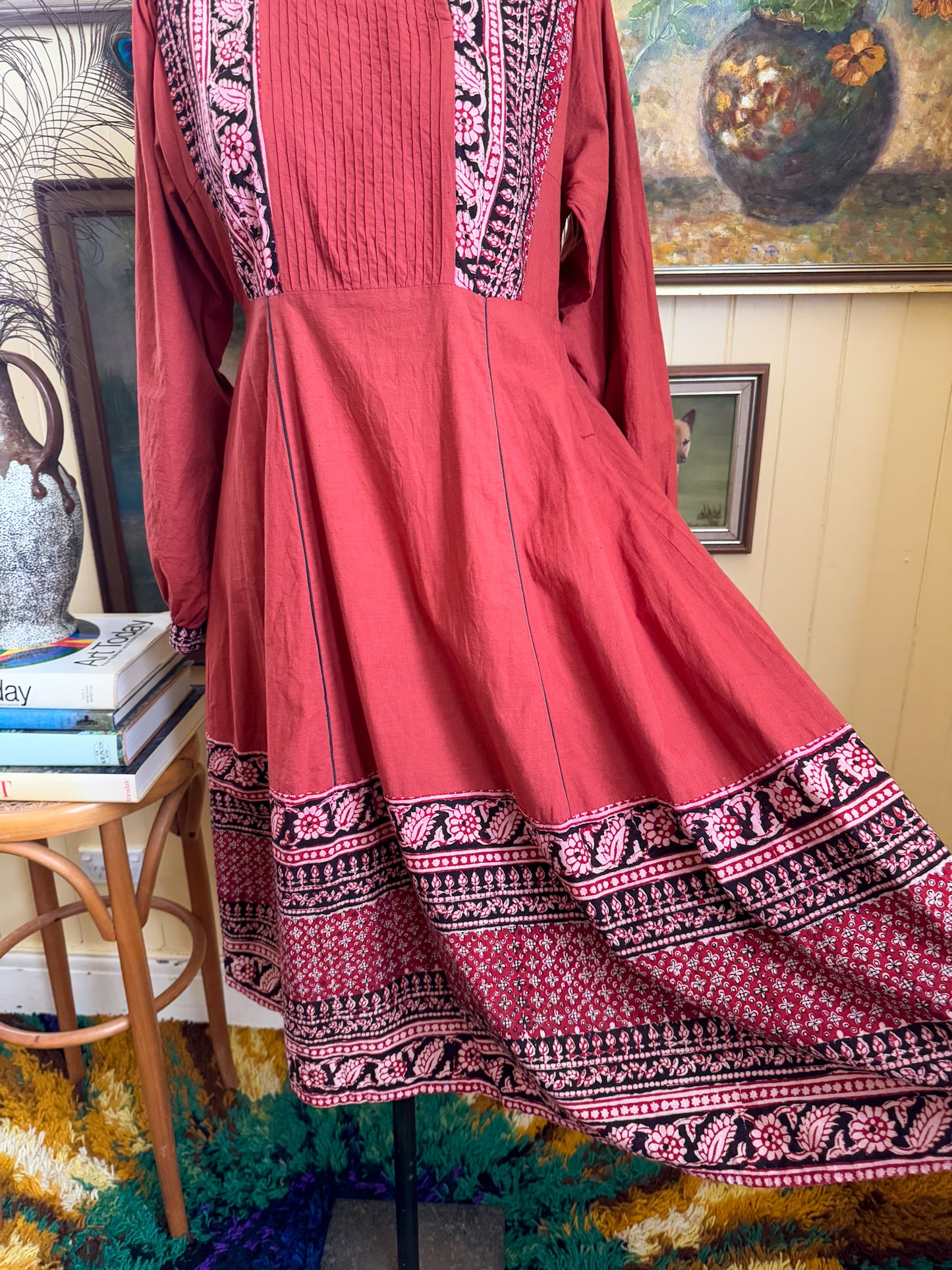 VINTAGE 1970S IMPORTIQUE INDIAN COTTON BLOCK PRINT MIDI SMOCK DRESS M