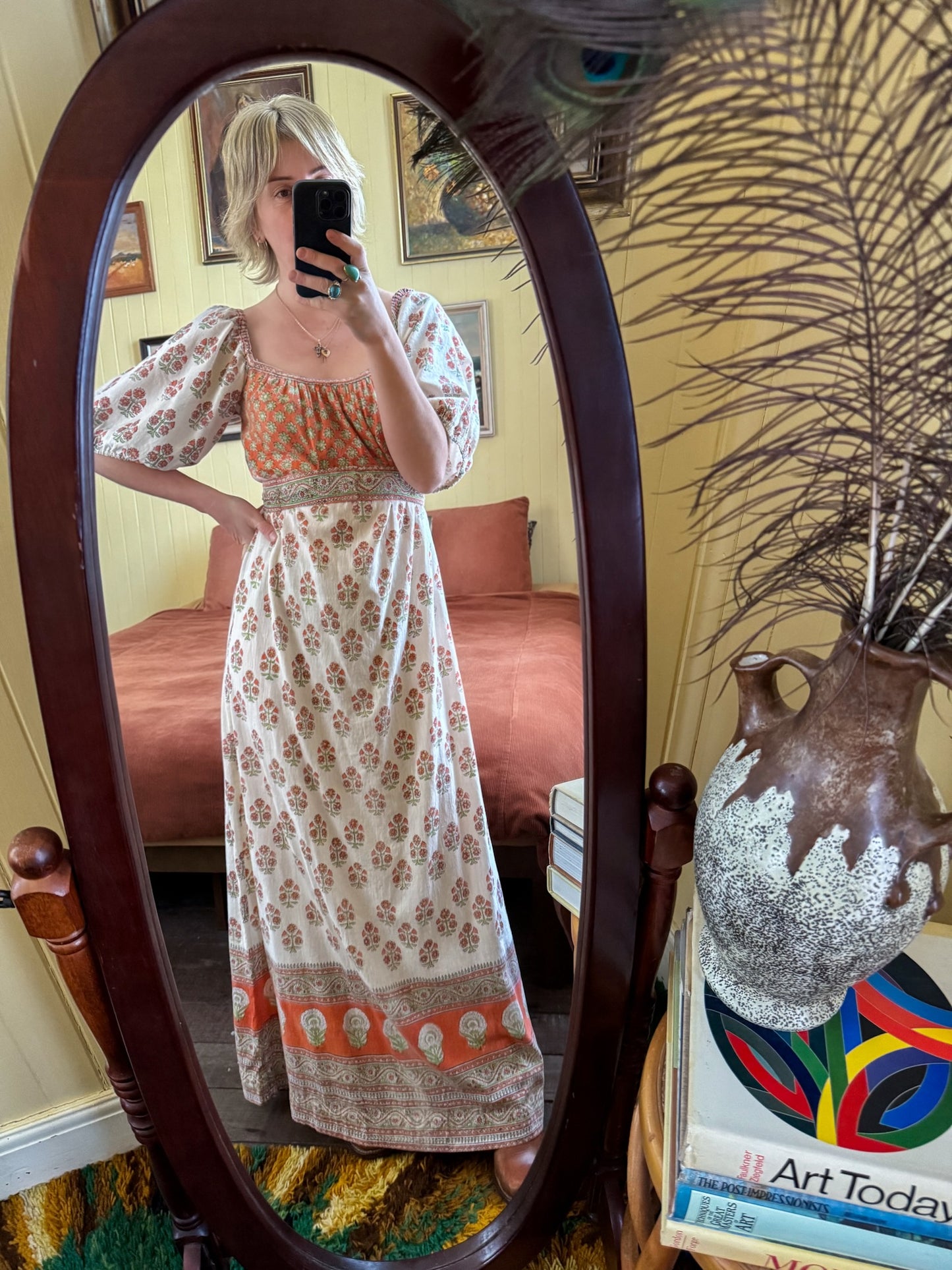 VINTAGE 1970S ANOKHI INDIAN COTTON BLOCK PRINT MAXI DRESS M/L