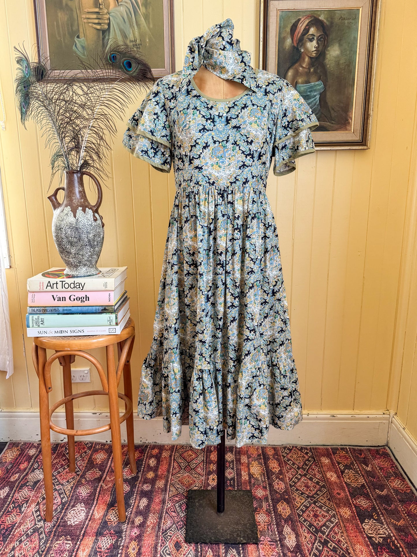 VINTAGE 1970S TOORAK COTTON FLORAL PRINT PRAIRIE DRESS + HEADSCARF M